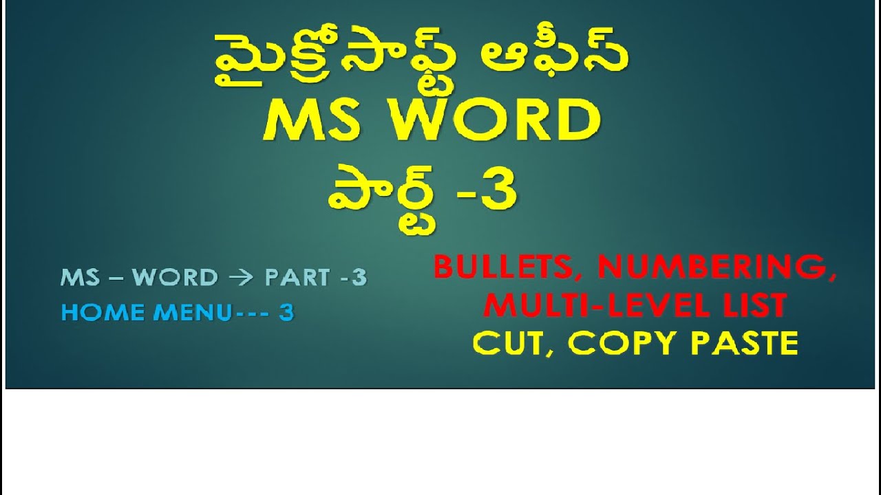 MS WORD- CUT,COPY,PASTE, BULLETS , NUMBERING , MULTILEVEL LIST - YouTube