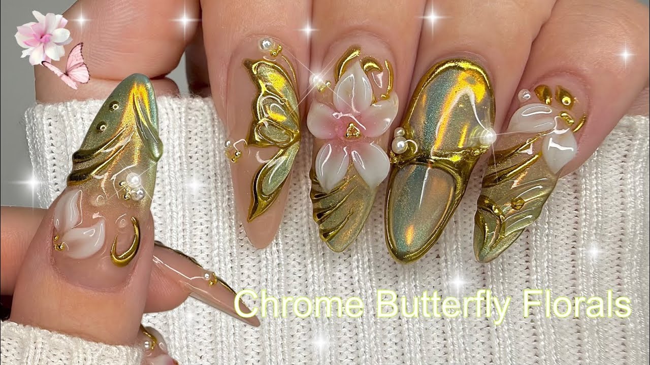 Chrome Butterfly Florals 🌱 | Gel-X Nail Tutorial | Step-By-Step | Sweetie Nail Supply Haul