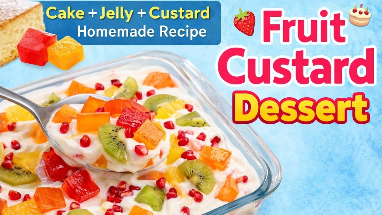 Colorful aur creamy Fruit Custard Dessert 😍Cake + Homemade Jelly + Custard = Perfect Dessert ❤️