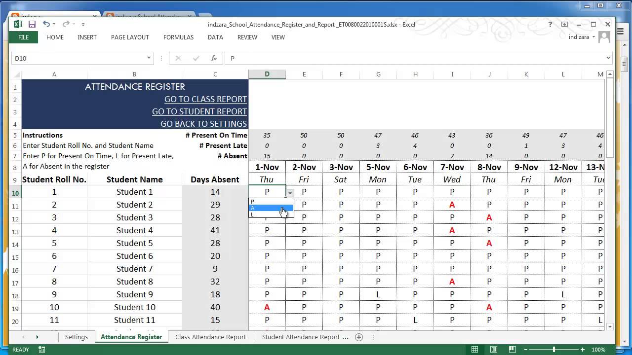 School Attendance Register and Report Excel Template v13