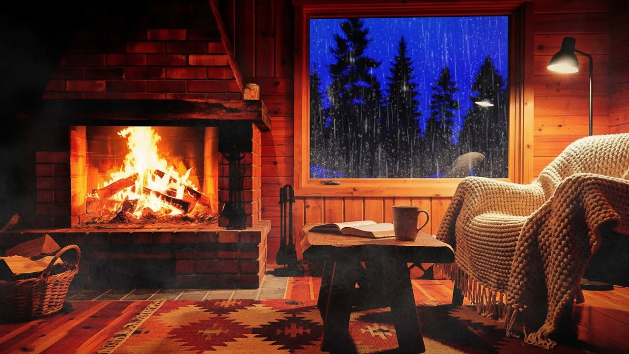 Warm Cabin Night Forest | Calm Rainfall and Soft Fireplace Glow – Peaceful Midnight Ambience