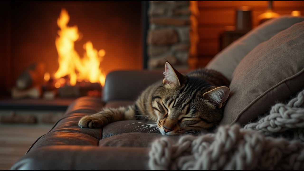 🐈 12 Hours of Purring Cat & Fireplace 🌙 Deep Sleep Music for Anxious ...