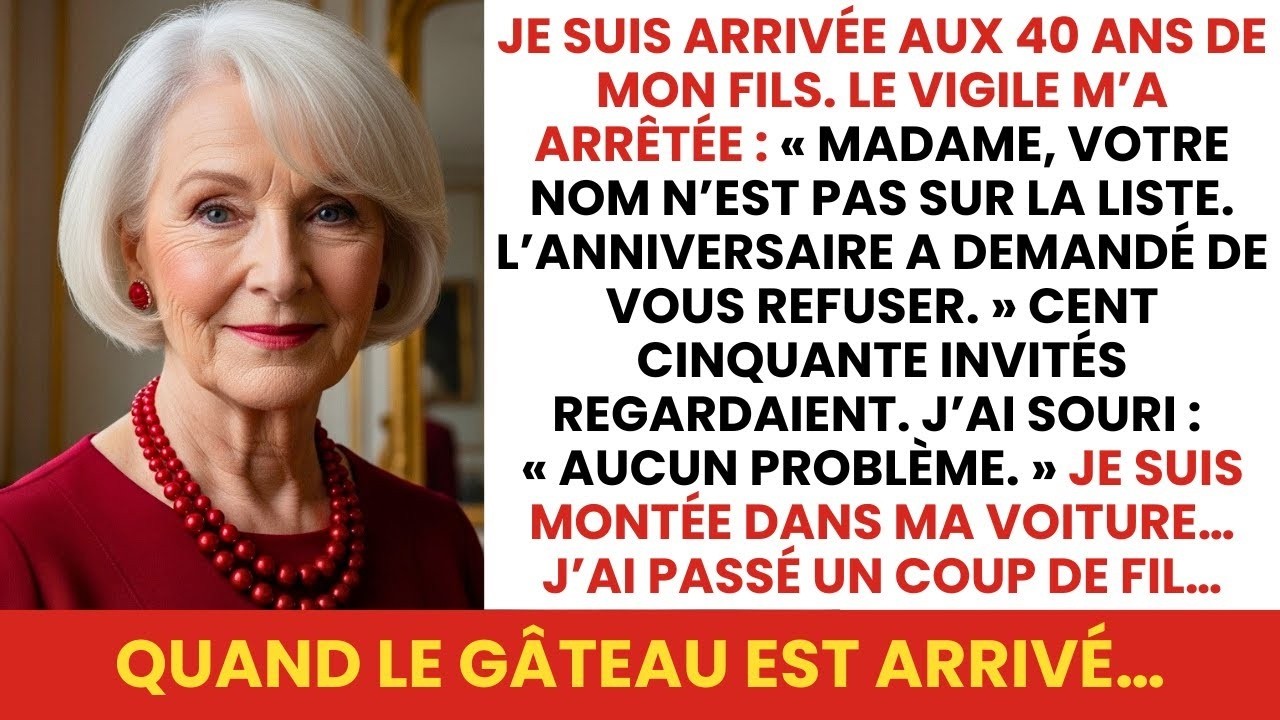 J’ai passé toute ma vie à construire une entreprise pour offrir un avenir à mon fils. Pourtant, le soir de son anniversaire, le vigile m’a arrêtée devant sa porte : « Madame, votre nom n’est pas...