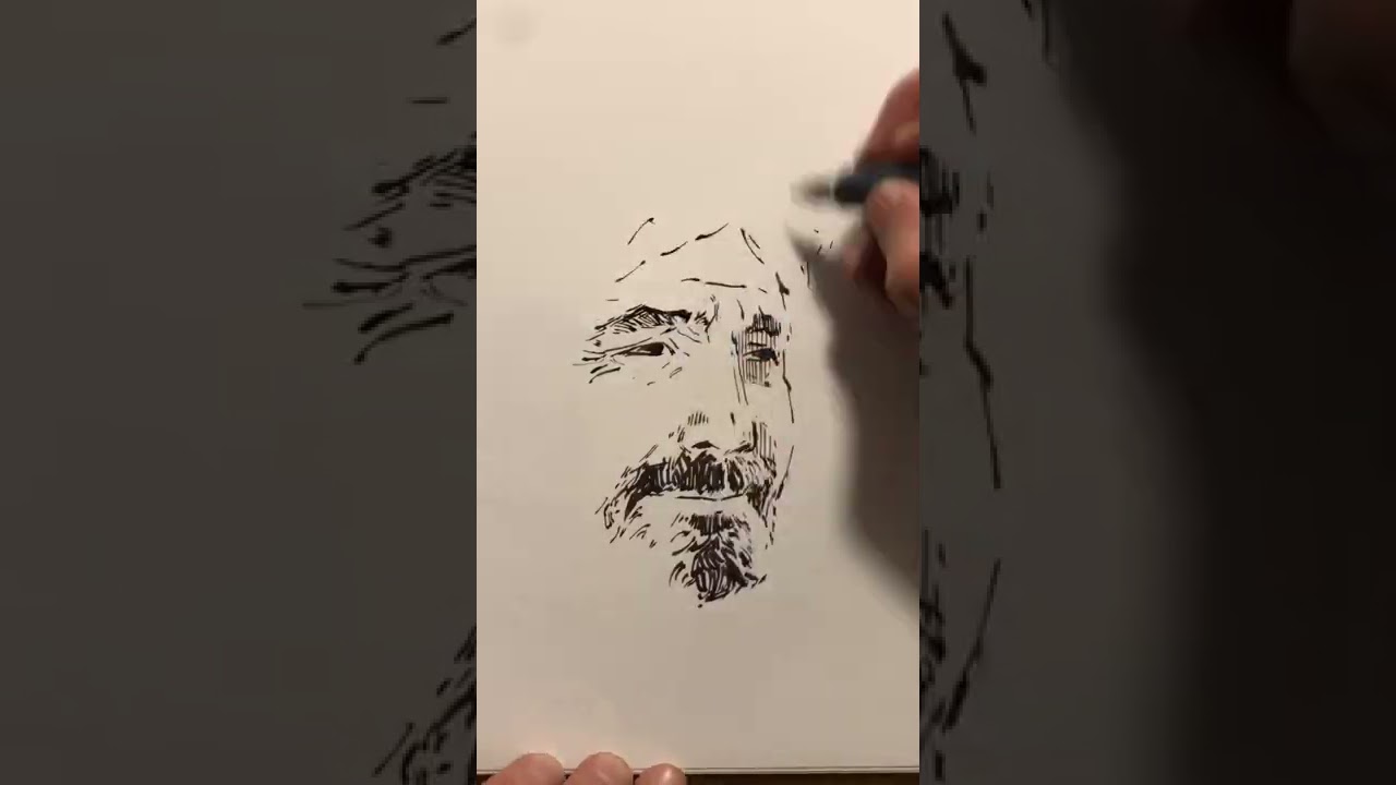 Timelapse ink calligraphy pen portrait sketch of a person