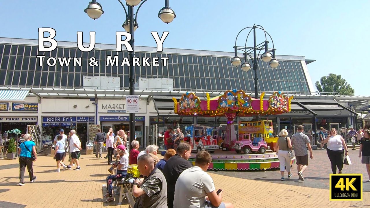 🇬🇧 Bury Town Centre & Open Market in summer Saturday, Greater Manchester walking tour
