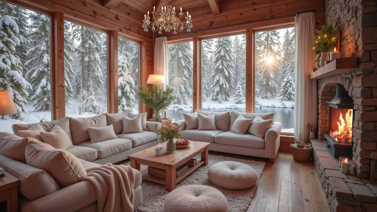 Snowfall at Cozy Winter Cabin Ambience ❄️ Slow Piano Music & Fireplace Sounds for Relaxation