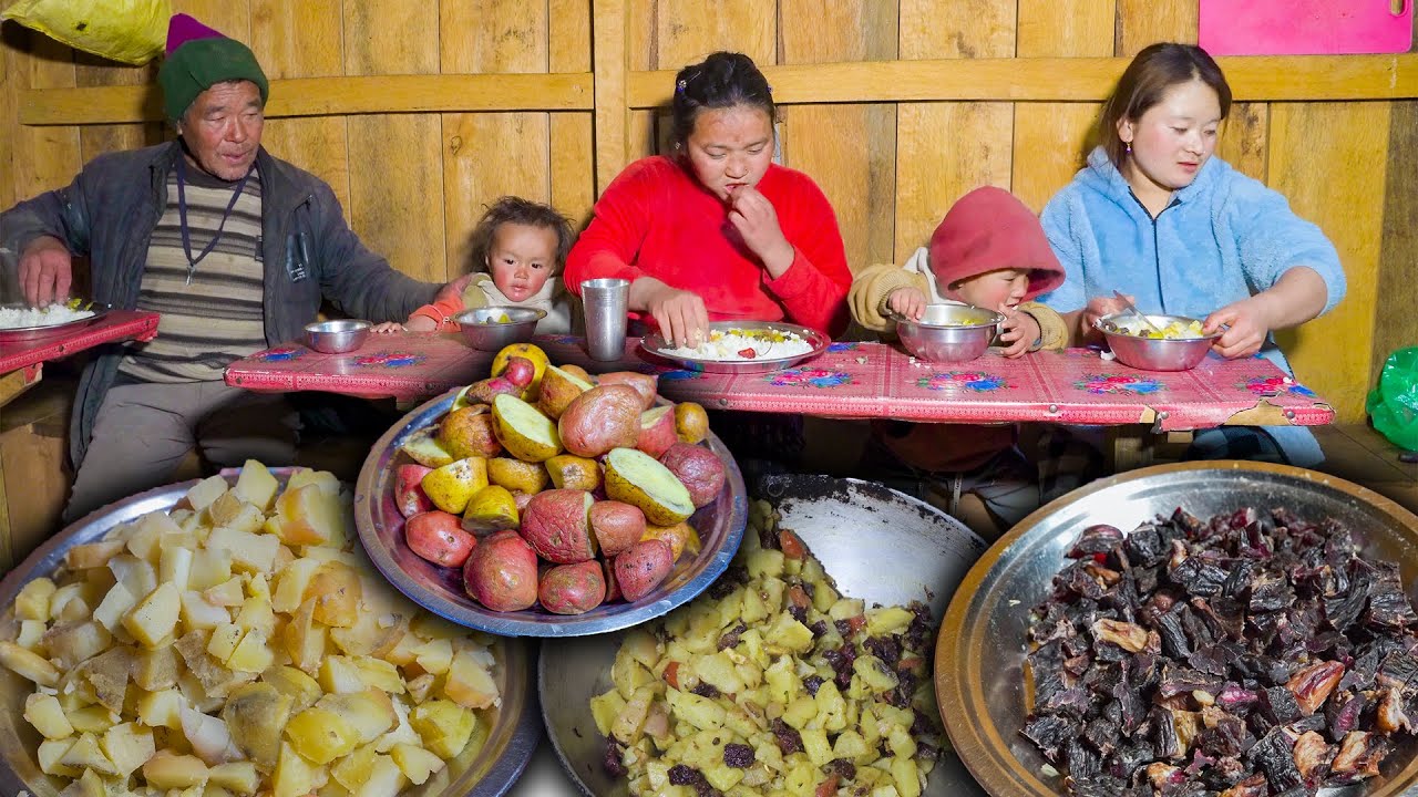Potato & Buff dry meat fry curry with rice in Village | Village kitchen cooking | Village food Vlog