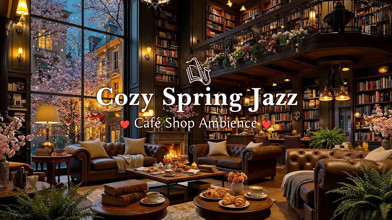 Cozy Spring Jazz Bookstore Café Shop Ambience - Smooth Jazz for Relaxation & Study