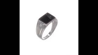 14K White Gold Men's Real Diamond and Black Onyx Signet Ring