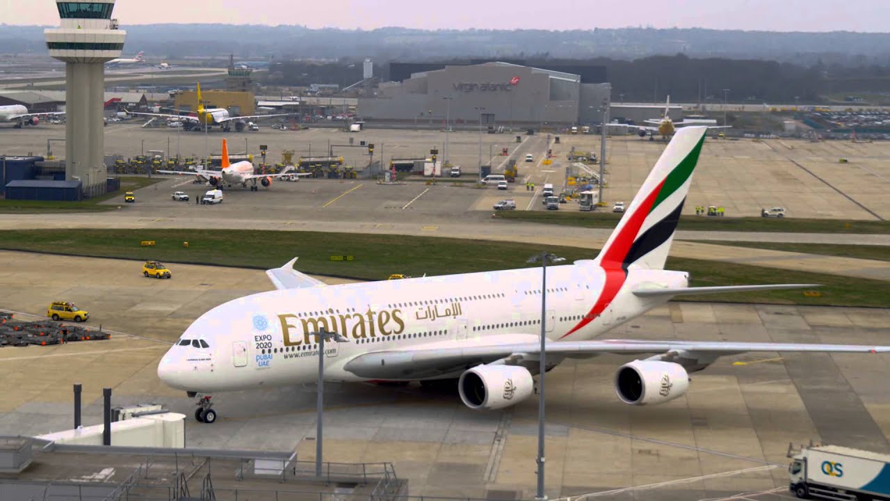 Emirates A380 take-off and landing at London Gatwick Airport - YouTube