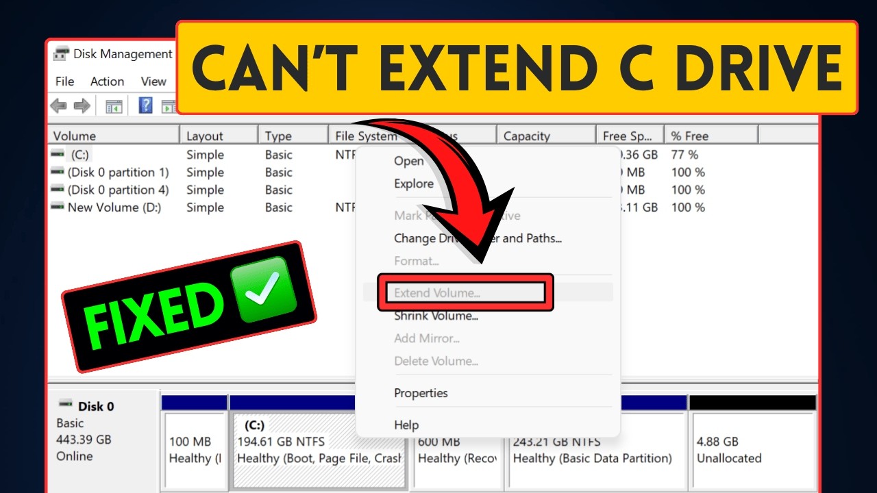 Fix C Drive Extend Volume Grayed Out in Windows 11/10 (No Third-Party ...