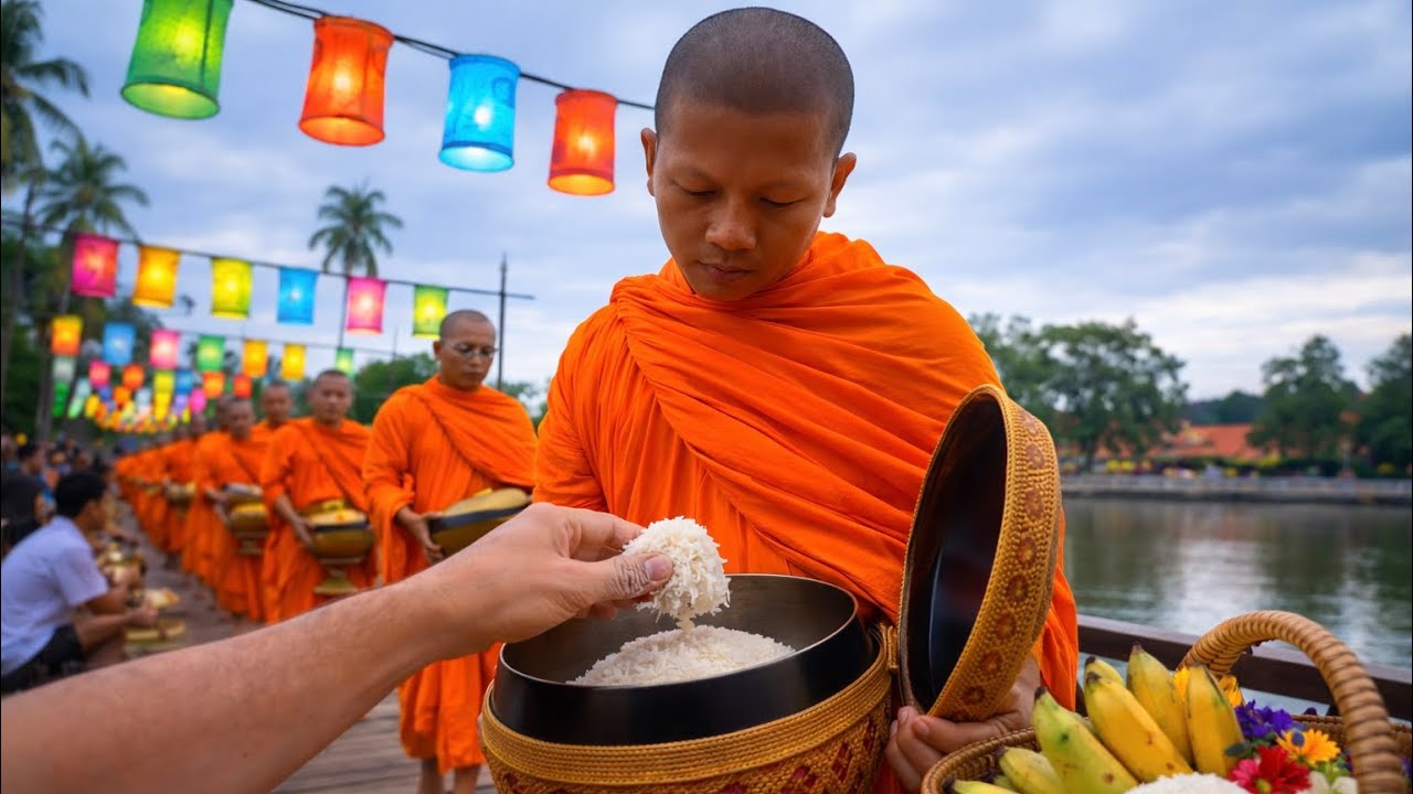 We Gave Morning Offerings to Monks in Laos