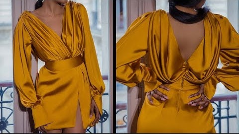 How to sew a trendy draped dress with an asymmetric overlap skirt || Gigot sleeves