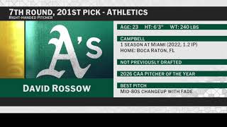 Athletics Select David Rossow with No. 201 Pick in 2026 MLB Draft