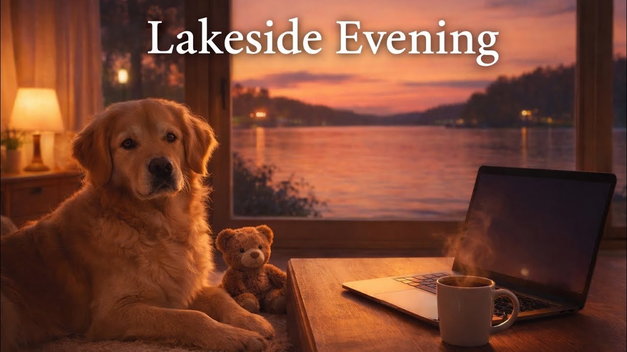 【60分】湖が見えるバンガローの夕暮れピアノ｜家事・読書がはかどるBGM｜犬のいるぬくもりの部屋