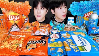 ASMR MUKBANG | ORANGE VS BLUE FOOD JELLY CANDY Desserts (Noodles Jelly, chocolate) Convenience store