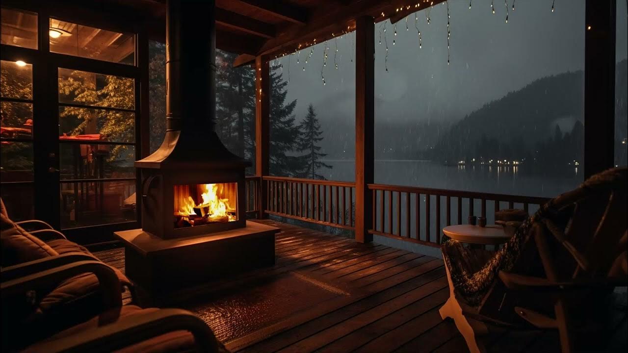 Cozy Porch in the Rain while Warm up with Cozy Fireplace Sounds of