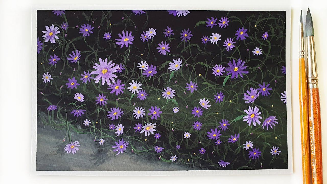 Daisy Flower Painting with Poster Color ｜ Purple Flowers