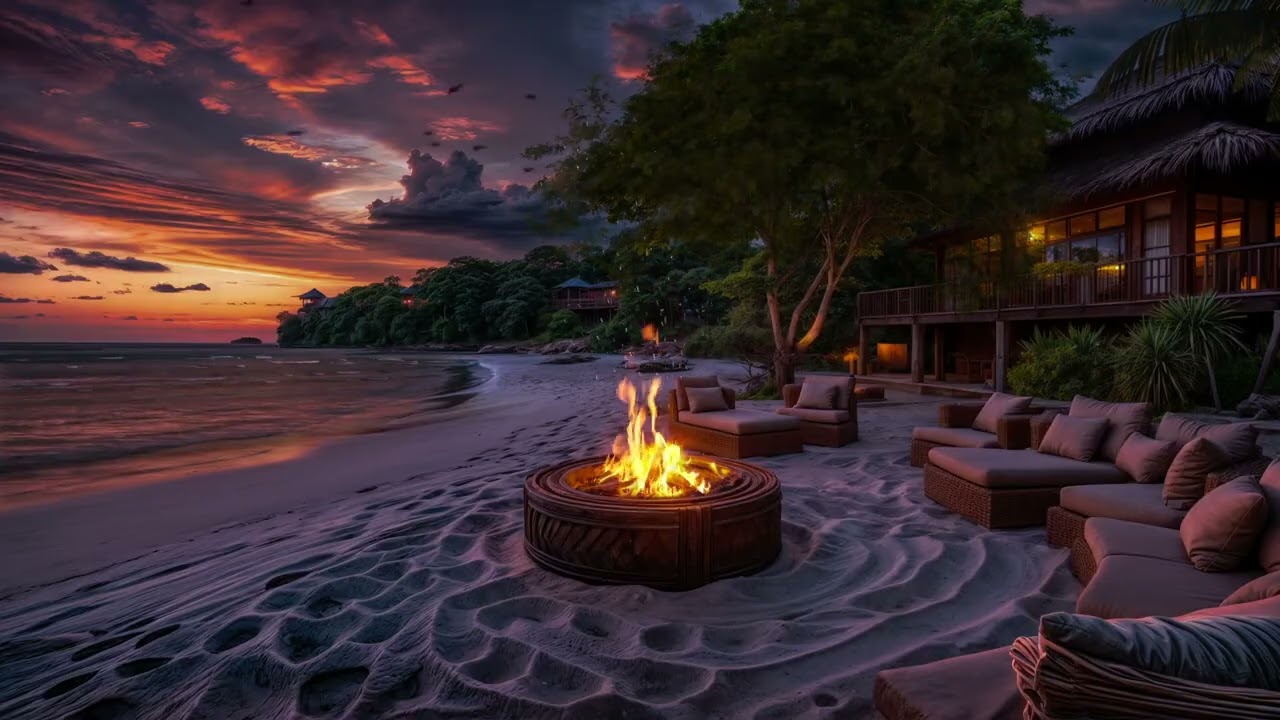 🎥 3 Hours of Beach Sunset Ambience 🌅🔥 Crackling Fire & Ocean Waves | Relax, Sleep, Study