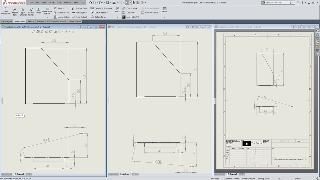 SOLIDWORKS 2019 - RIBS FASTENING THE COFFEE CONTAINER - DRAWING ...