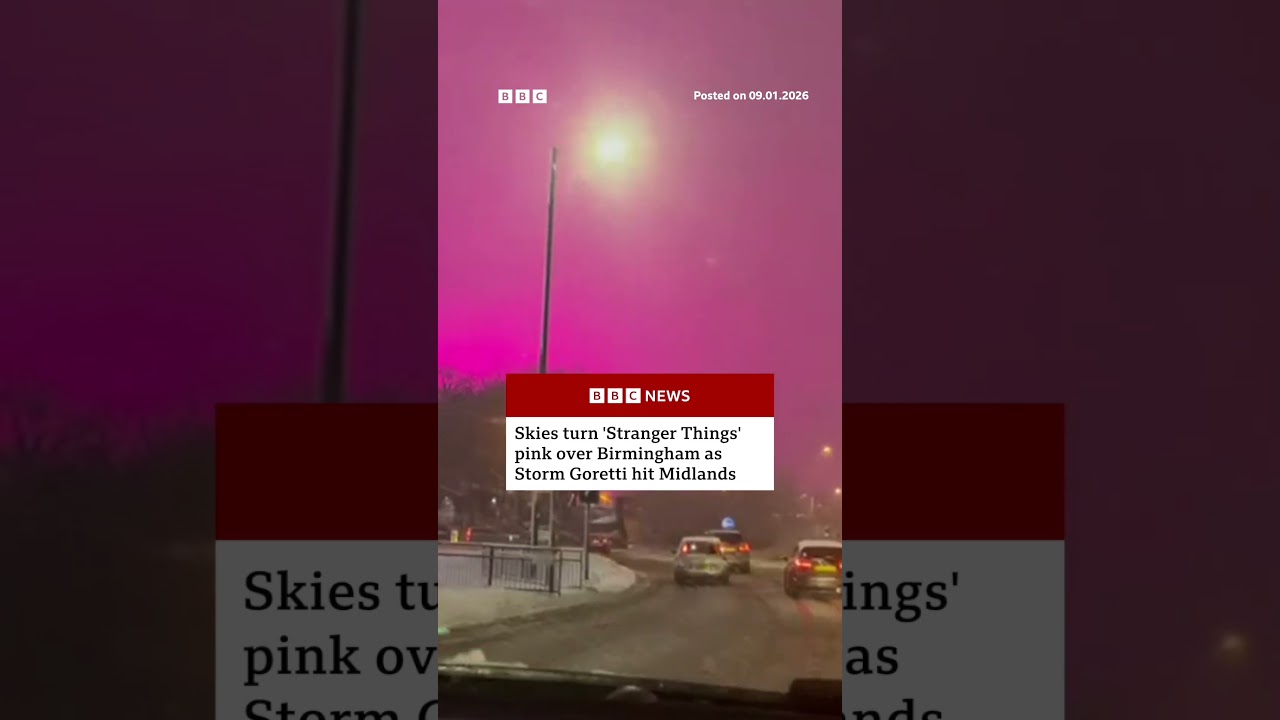 Sky turns pink during snowy weather in Birmingham, UK. #Birmingham #BBCNews