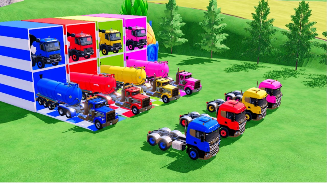 TRANSPORTING ALL THE COLORFUL MIXER TRUCKS, TLX OIL TRUCKS, WITH SCANIA TRUCKS TO THE GARAGE