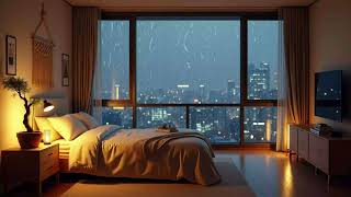Soft Piano & Rain Sound – Peaceful High-Rise Bedroom With Bonsai Tree and Foggy Night City View screenshot 3