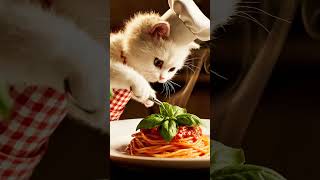 Italian white cat chef tops spaghetti with fresh basil leaves 🐱🍝 #shorts #funny #petcooking
