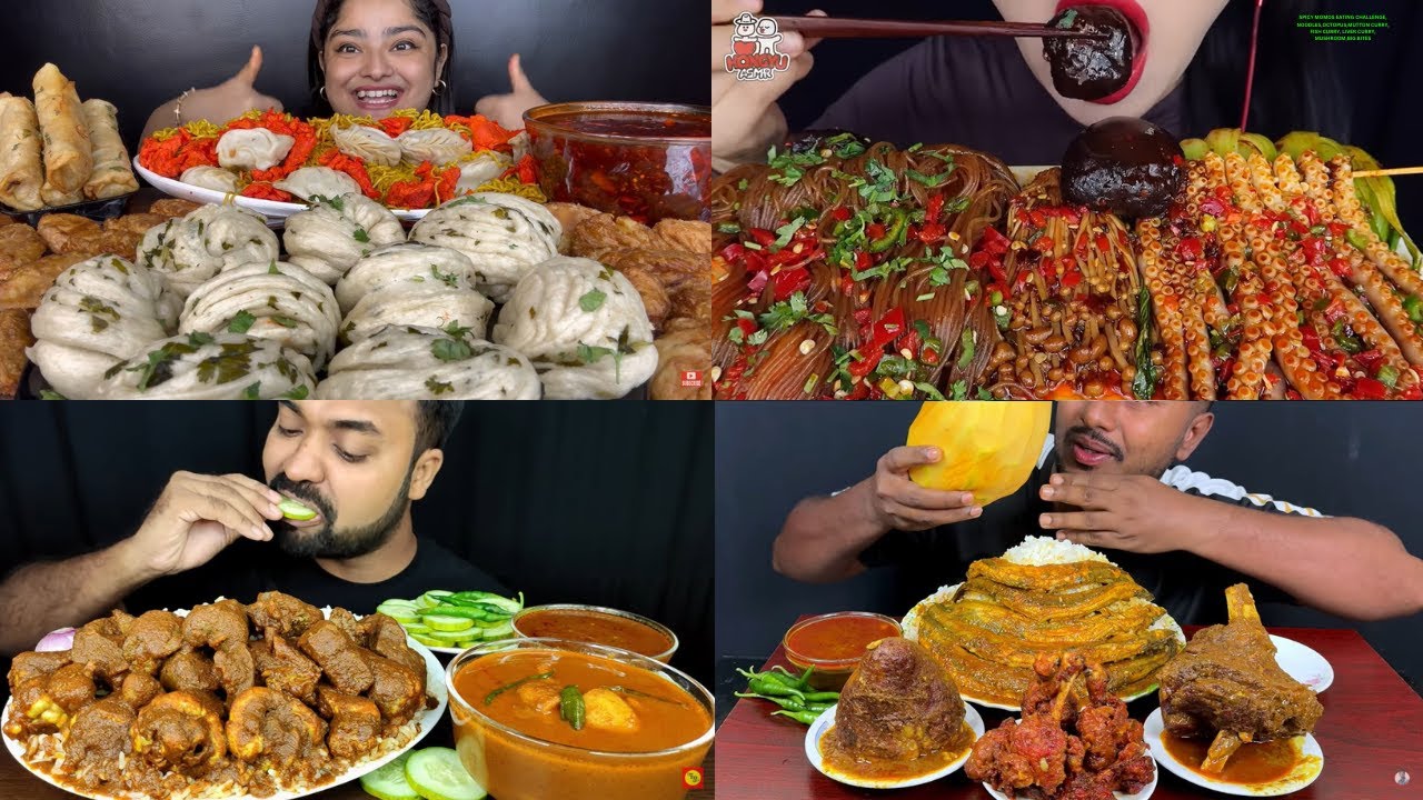 SPICY MOMOS EATING CHALLENGE,NOODLES,OCTOPUS,MUTTON CURRY,FISH CURRY, LIVER CURRY,MUSHROOM,BIG BITES