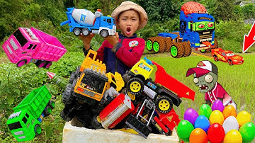 Em tu bi cùng xe trộn bê tông có súng phun nước tự động, giải cứu xe cẩu múc cát, máy xúc bị mắc kẹt