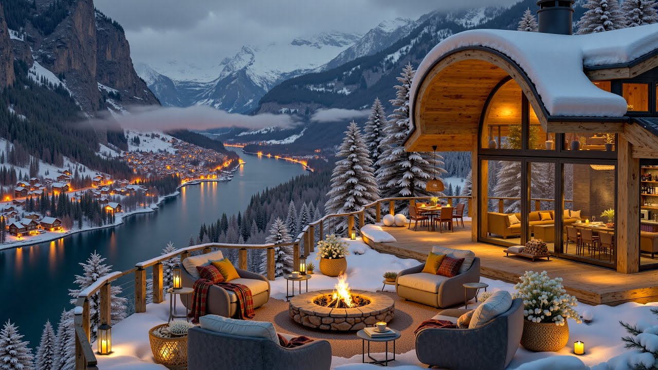 Winter Jazz Escape☕Cozy Mountain Café Terrace with Fireplace & Snowfall | Deep Jazz for Relax & Rest