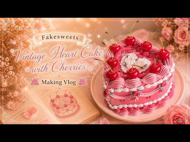制作記録】粘土でさくらんぼをのせたヴィンテージ風ハートケーキを作る