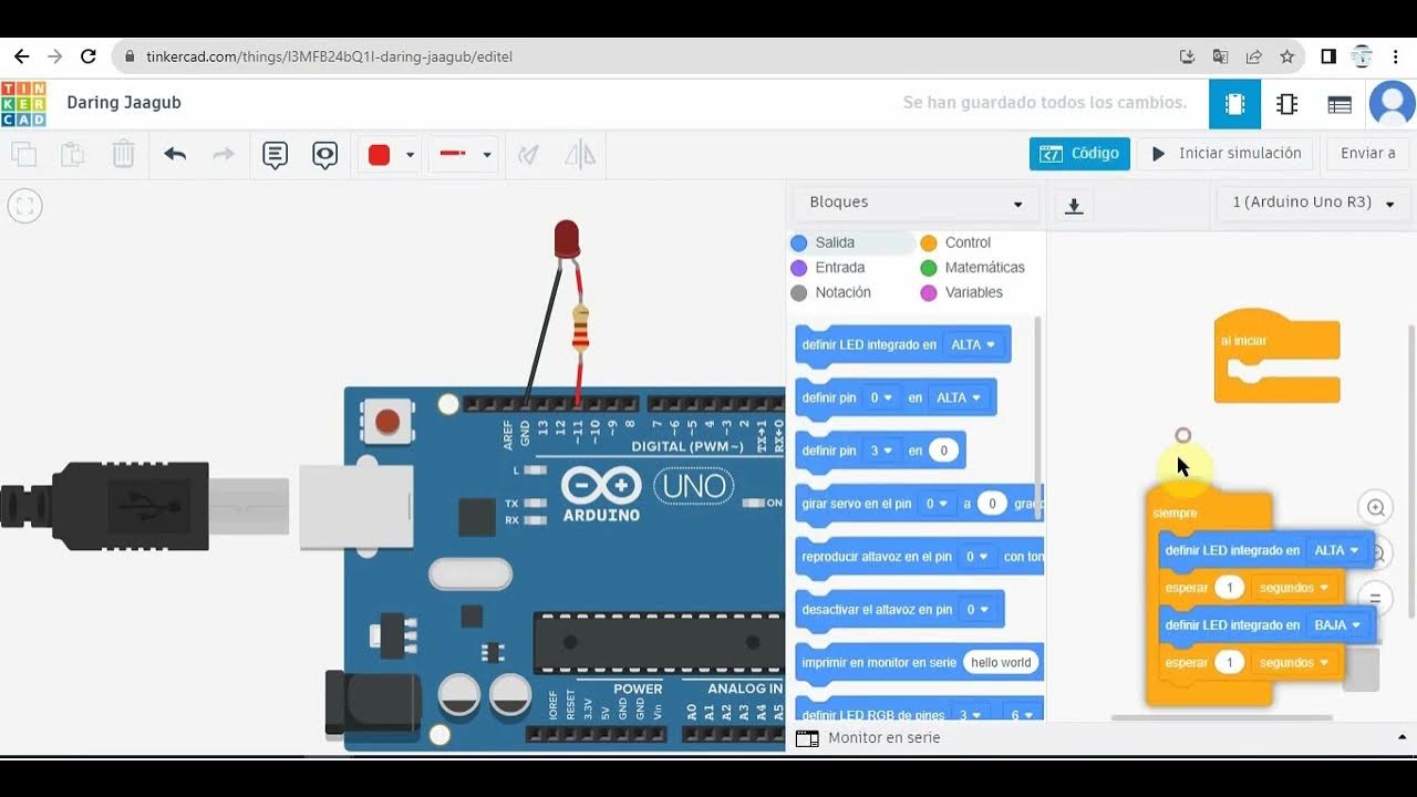 Encender un led en tinkercad arduino uno bloques - YouTube