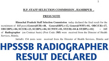 HPSSSB declared the final result for the post of Radiographer (on Contract basis) (Post Code: 585)