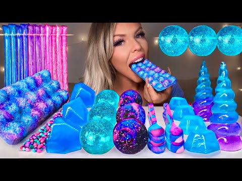 ASMR GALAXY BUBBLE CHOCOLATE BAR, CRYSTAL JELLY, EDIBLE JEWELS UNICORN HORN EDIBLE GEODES MUKBANG 먹방