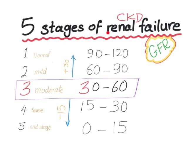 Mnemonic: the 5 Stages of chronic kidney disease, based on GFR class=