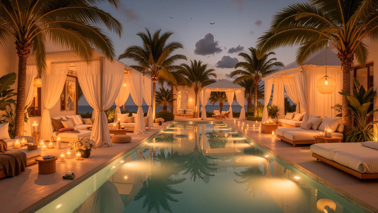 🌅 Relaxing Beachside Sunset 🎶 Soothing Piano Jazz Ambience at Luxurious Resort for Stress Relief