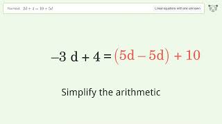 Linear equation with one unknown: Solve 2d+4=10+5d step-by-step solution
