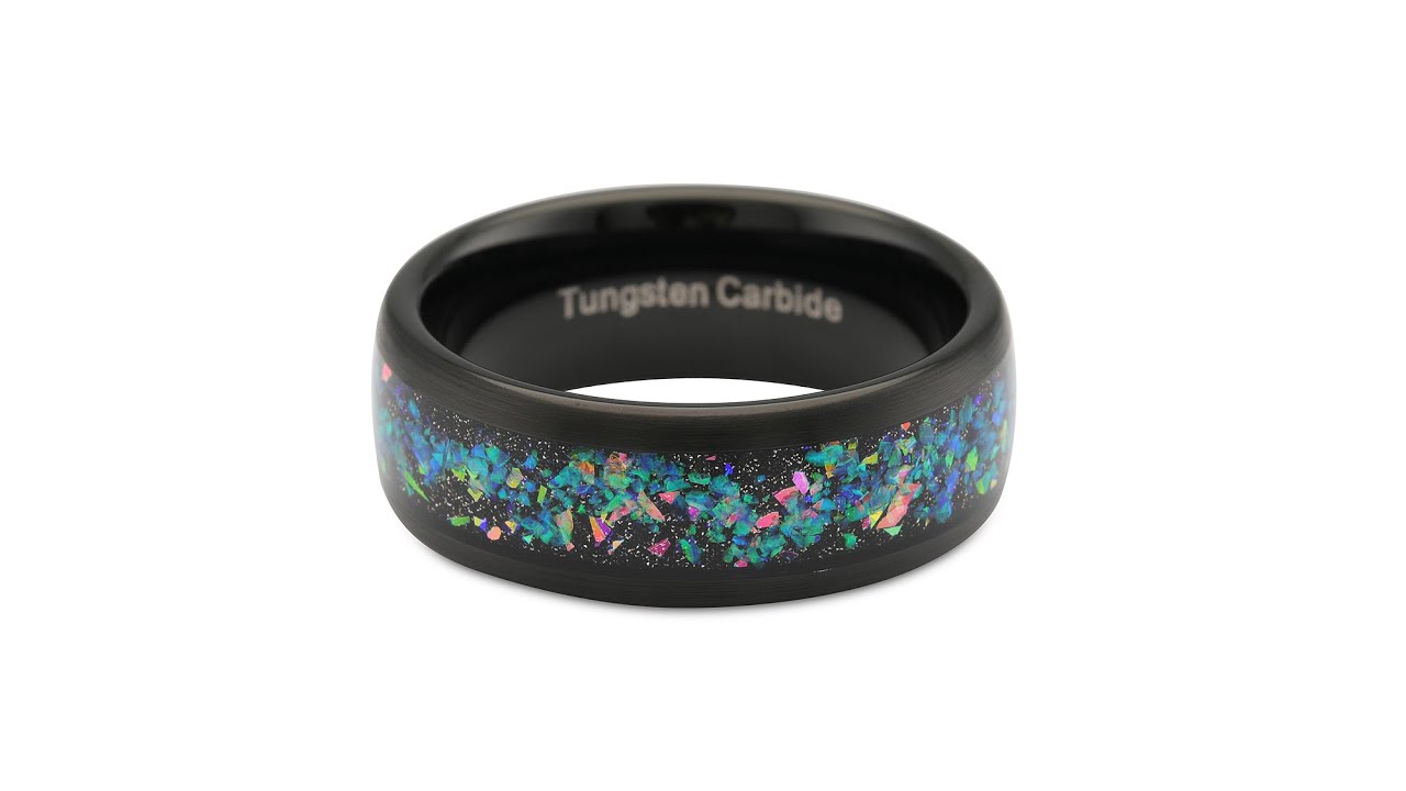 Engraved Personalized Black Opal Tungsten Wedding Ring