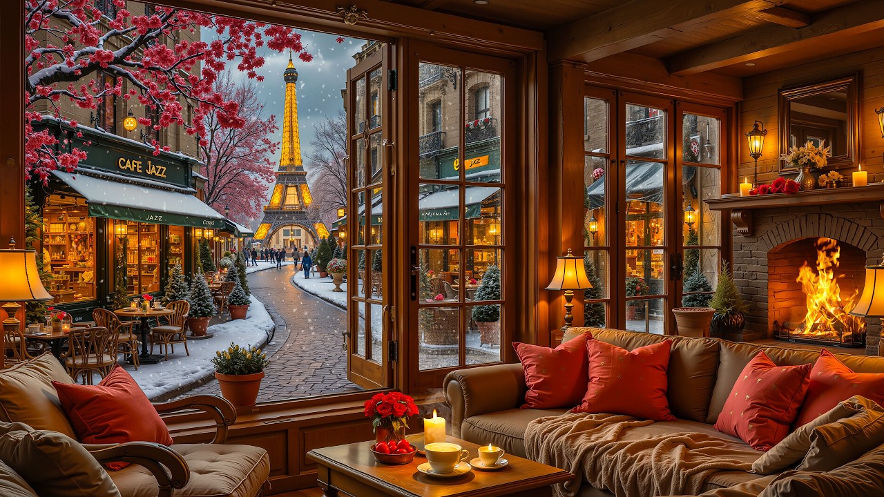 Cozy Paris Winter Café Jazz ☕ Rainy Coffee Shop Ambience & Fireplace Sounds for Relax, Study & Work