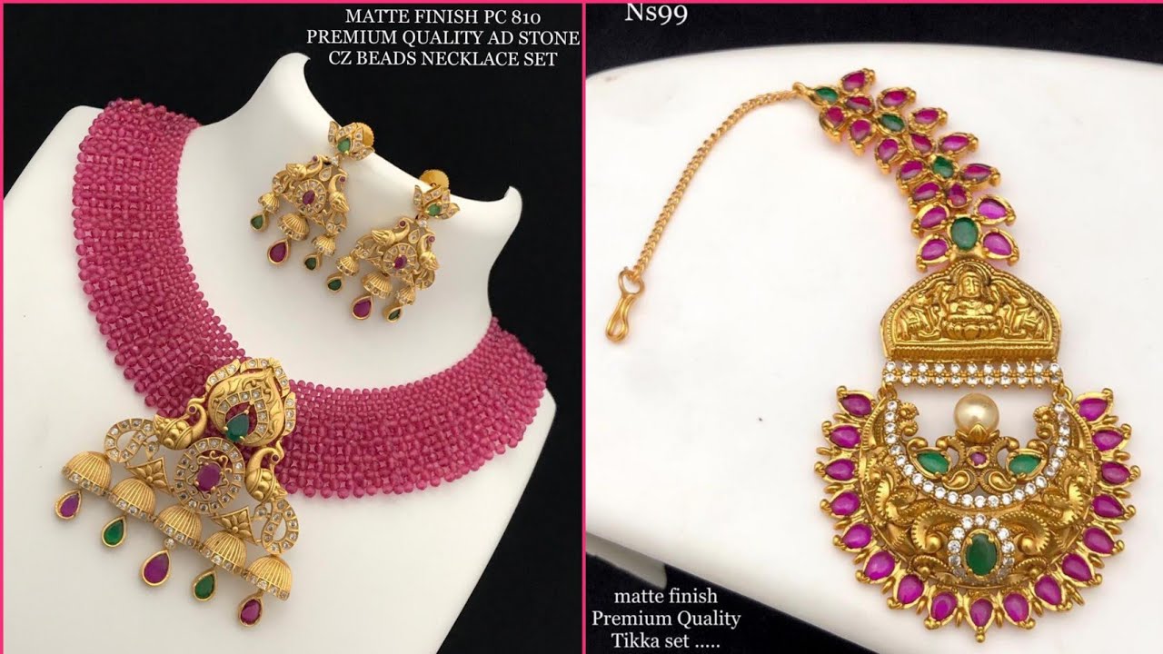 cz crystal bead necklace sets , matte finish tikkas , matte finish