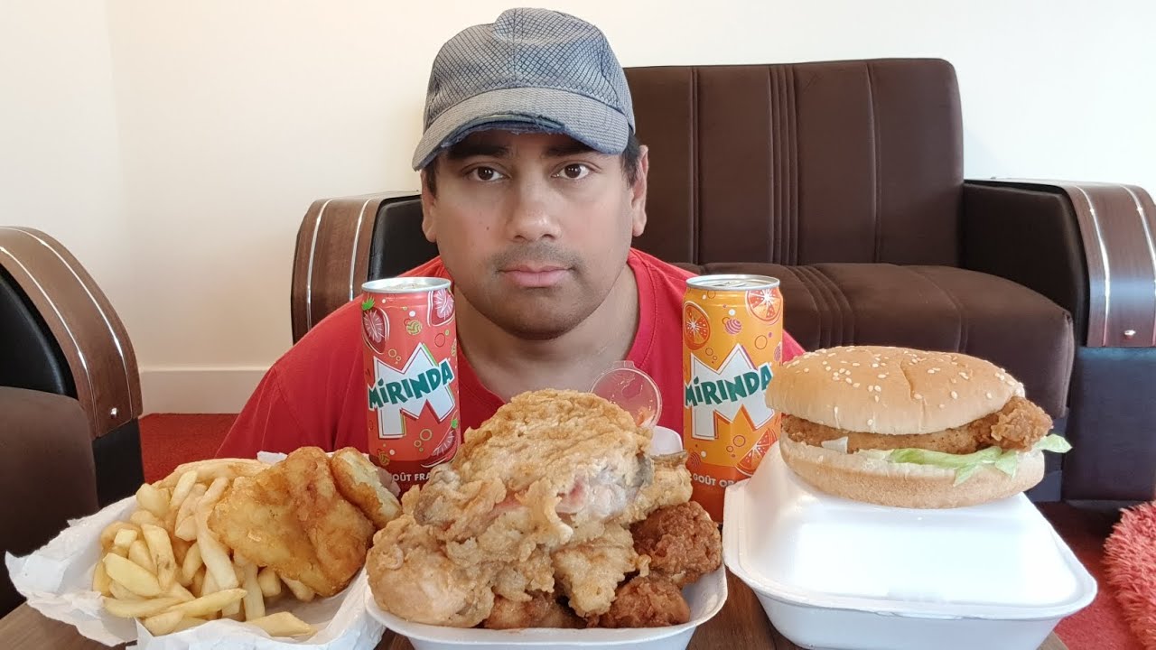 chicken burger, bbq wings, spicy hot wings, fried chicken and chips - mukbang