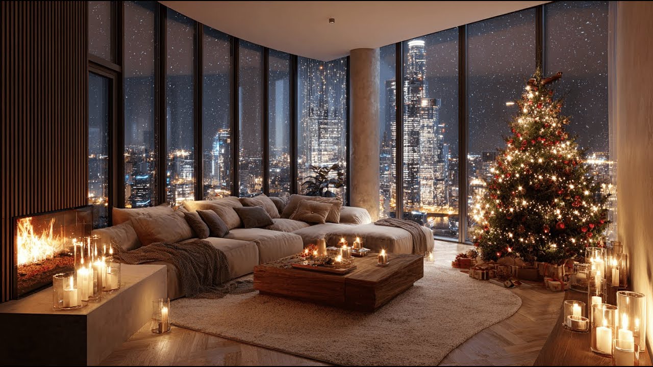 Cozy Living Room with Night City View — Calm Urban Ambience