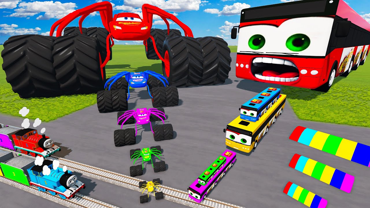 Big & Small Long Bus Lightning McQueen vs Thomas Trains - BeamNG.drive #4