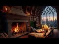 Medieval Stone Library Fireplace ❄️🔥 Snowy Night | Cozy Study Ambience