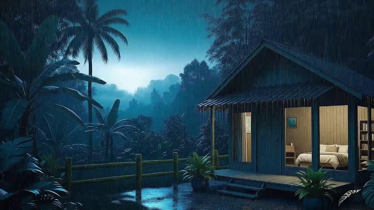 Rain and Soft Forest Thunder Cool Racing Thoughts in a Tropical Jungle Cabin 🌧️