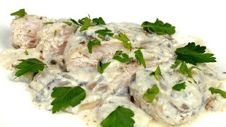 Куриное филе в сливочно-грибном соусе. Простой рецепт горячей закуски. Куриное филе в сливочно-грибном соусе. Простой рецепт горячей закуски.