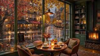 Peaceful Autumn Jazz Coffee Shop 🍂 Gentle Rainfall, Soft Piano & Warm Fireplace Glow For Unwinding