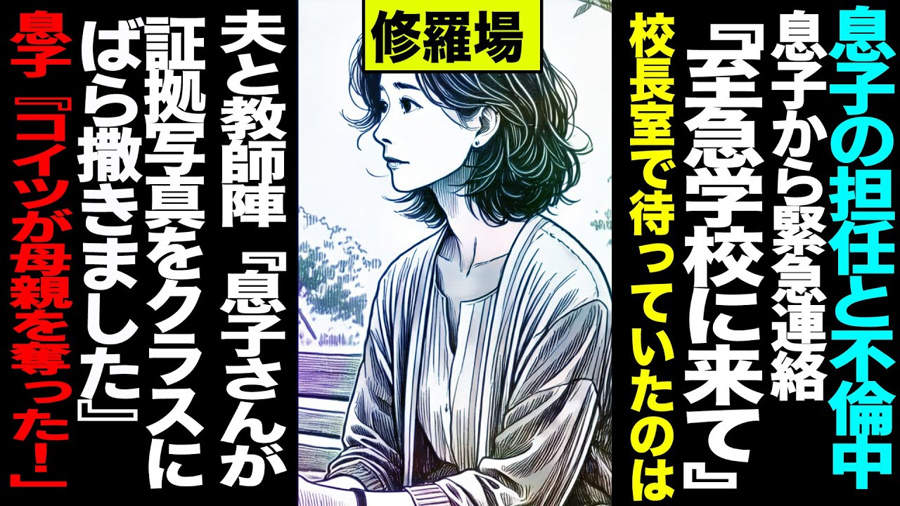 【漫画】『息子の担任と不倫中』→息子から緊急連絡『至急学校に来て』→校長室で待っていたのは夫と教師陣『息子さんが証拠写真をクラスにばら撒きました』→息子『コイツが母親を奪った！」(修羅場)