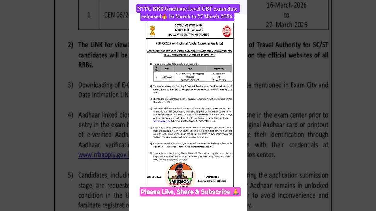 RRB NTPC Recruitment 2025 Graduate Level Exam Date Out, Check Notice Link available 